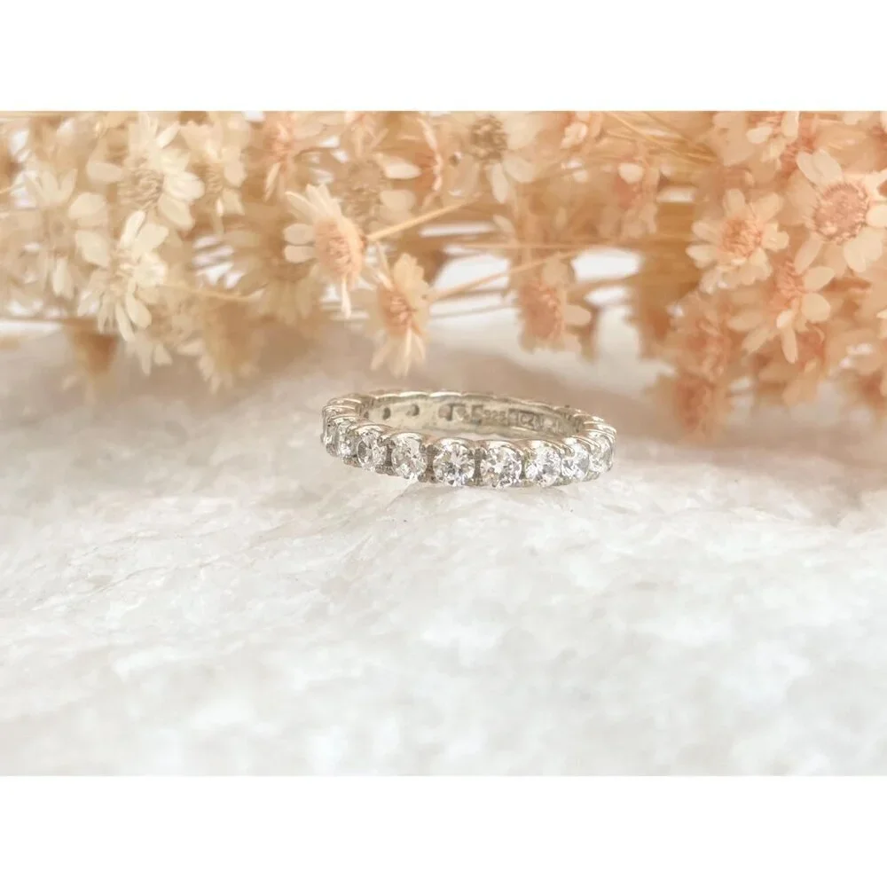 CZ Gemstone Lined Straight Shank Sterling Silver 925 Vintage Ring - sz 7